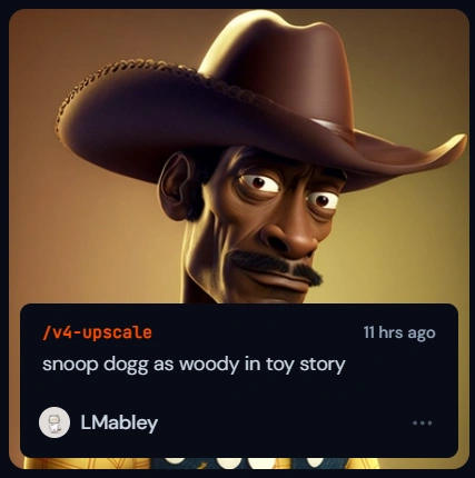 ตัวอย่างการใช้ Midjourney วาดรูปหน้า Woody จากเรื่อง Toy Story ผสมกับ Snoop Dogg แรปเปอร์ชื่อดังในอเมริกา