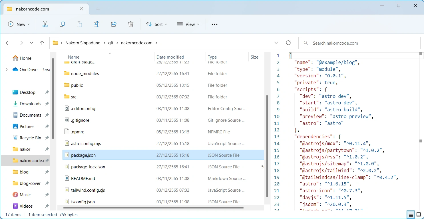 รูปตัวอย่างการ Preview เนื้อหาโค้ดที่เป็นไฟล์ .json โดยสามารถดูได้ข้างขวาของ File Explorer ทันที