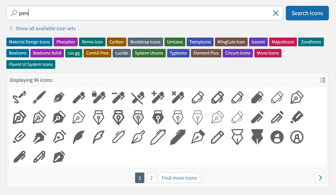 ตัวอย่างเว็บ Iconify ที่มี Icon มากมายหลายเจ้าให้เลือกค้นหาและใช้งานอย่างอิสระ อย่างแค่คำค้น pen ง่ายๆก็ได้หลายแบบเลย